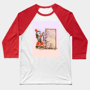 Red sumiE watercolor flowers with a chinese lattice Baseball T-Shirt